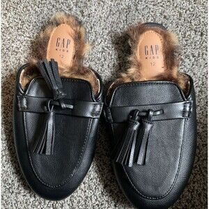 Gap Kids Cheetah Faux Fur Slip On Black Mules Tassels Size 12 slides